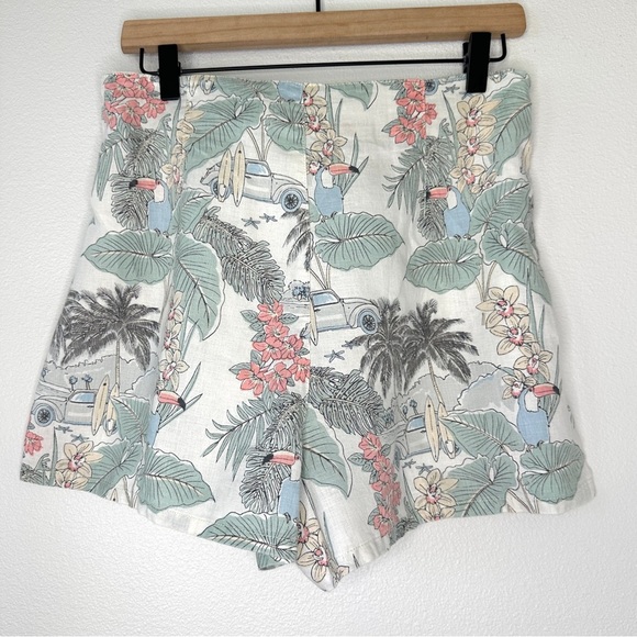 C&C California 100% Linen Shorts Size 6 Tropical Print Tie Front Coastal Boho - Picture 5 of 10